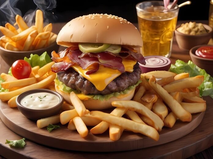 foto de um hambúrguer grande com muita batata frita.