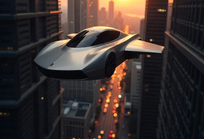 imagem futurística de um carro voador.