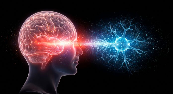 arte de um cérebro projetando um neurônio.