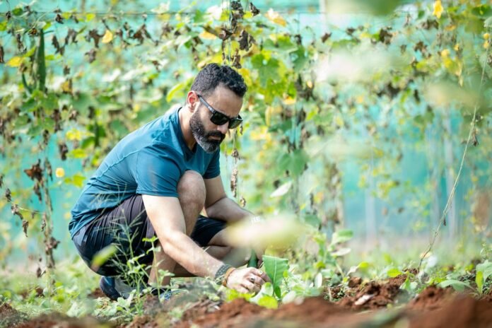 um homem de oculos escuro cuidando de sua horta.