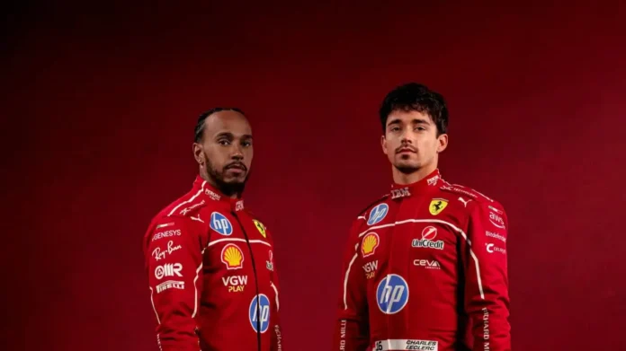 foto de Hamilton e charles LeClerc juntos num fundo vermelho