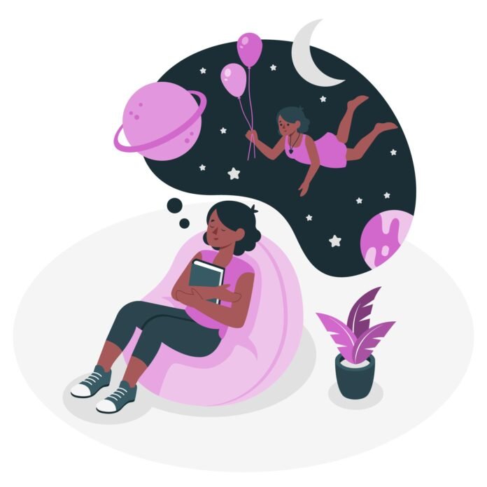 Ilustracao de uma jovem e seus sonhos.