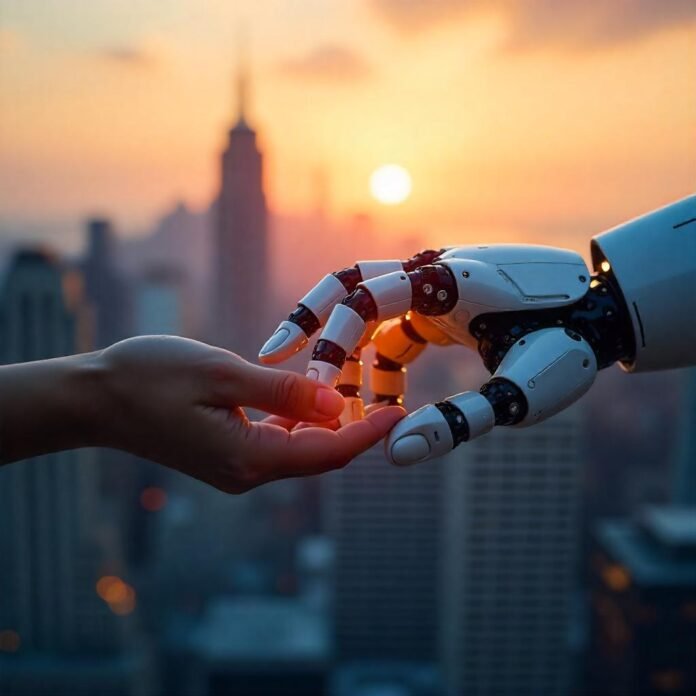 imagem de uma mão humana e uma mão ciborgue se tocando ao por do sol.