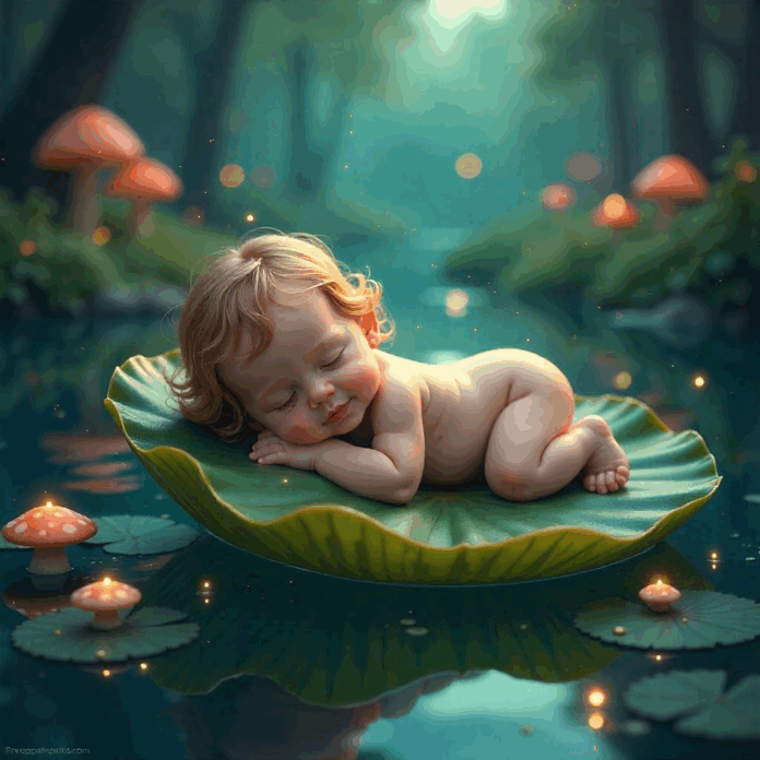 uma imagem ffantasia de um bebe dormindo em uma folha de vitoria regia.