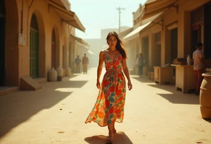 Uma jovem de vestido amarelo, caminhando em uma rua deserta de dia.