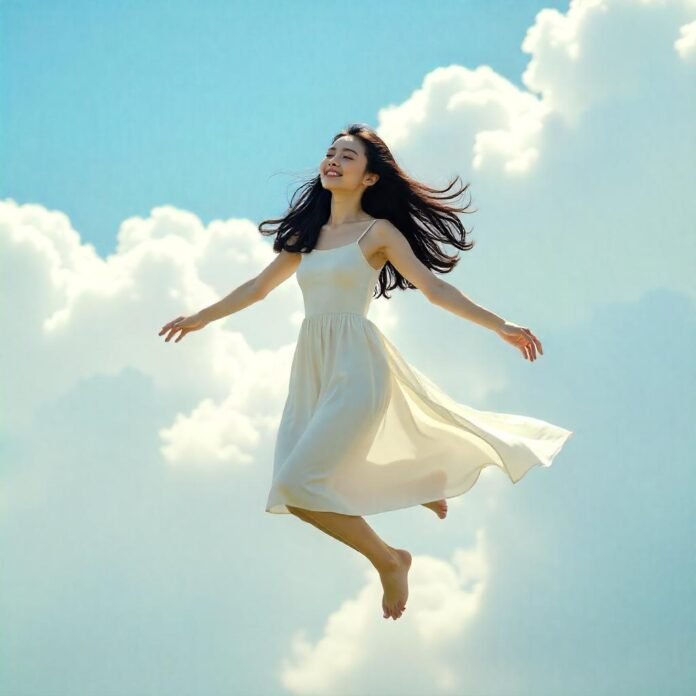 uma jovem com um vestido branco, pairando sobre as nuvens.