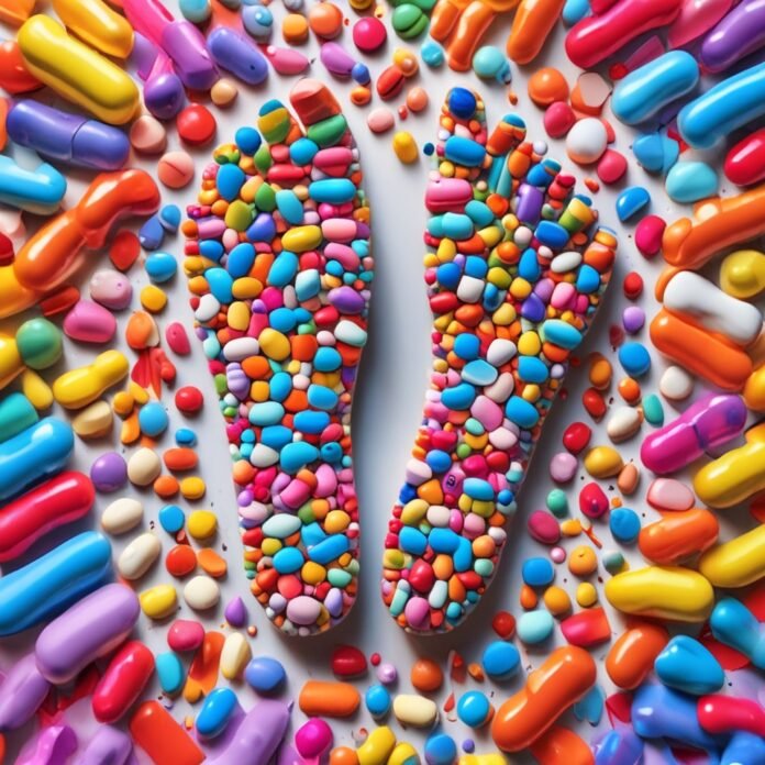 alegoria de dois pés criado com doces coloridos
