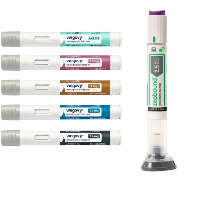 caneta zepbound e 5 canetas wegovy em um fundo branco