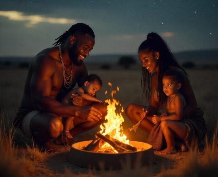 família de homo sapiens se alimentando ao redor de uma fogueira.
