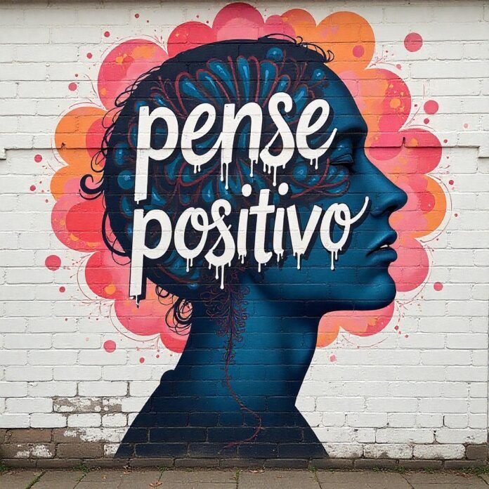 imagem de um grafite em um muro, com uma cabeça com a frase: pense positivo.