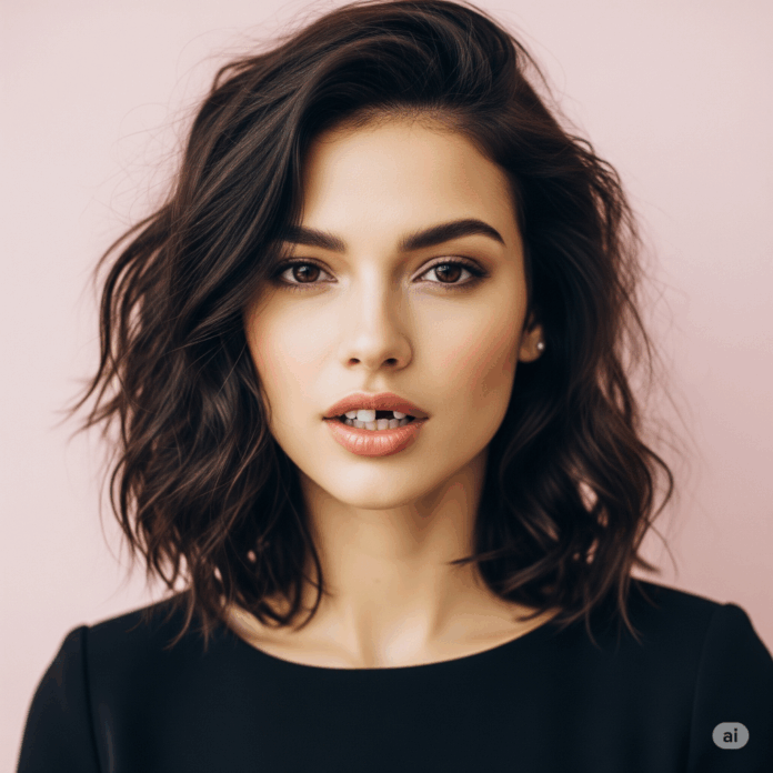 uma linda mulher de cabelos pretos, sem um dente da frente.