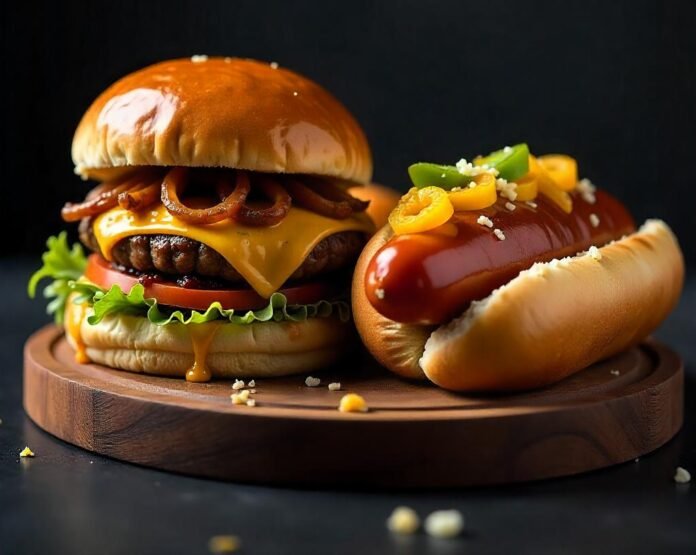 um hambúrguer suculento lado a lado com um hot dog