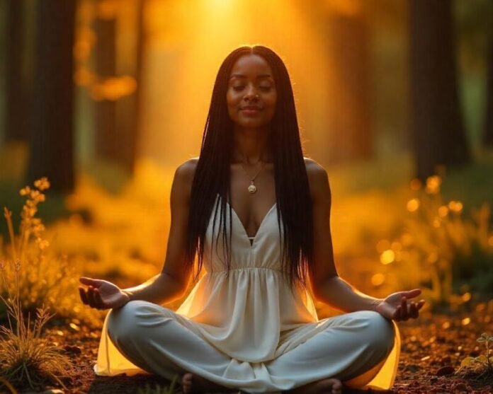 ilustração de uma jovem morena, em posição de yoga com sua aura em destaque.