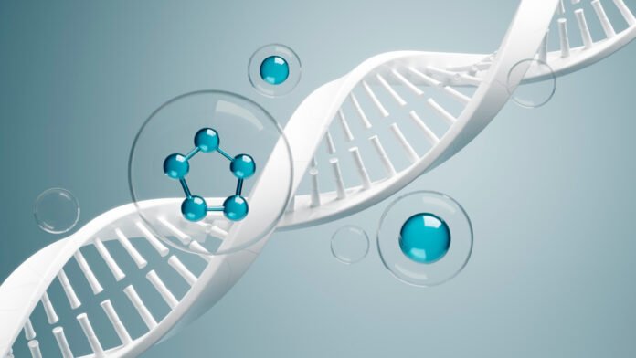 arte de uma cadeia de DNA num fundo verde claro.