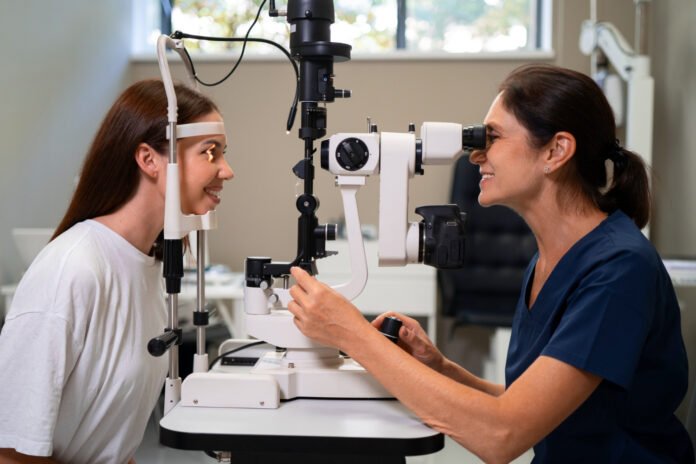 medica oftalmologista diagnosticando os olhos de uma jovem paciente atraves de um aparelho.