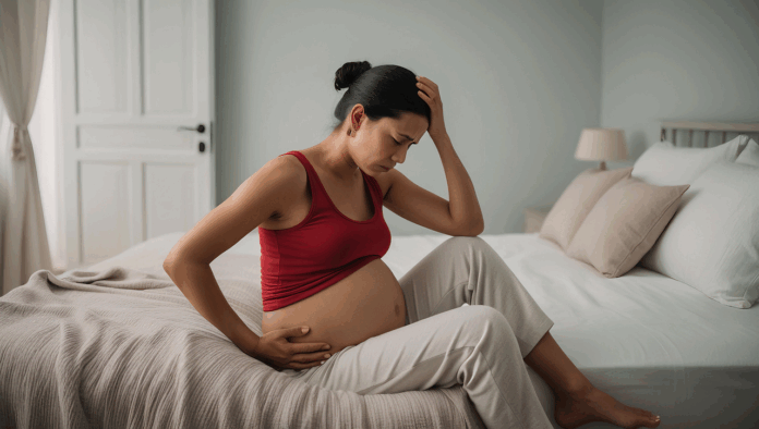gravida triste sentada na cama com as mãos na cabeça