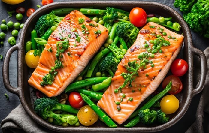 bandeja com dois files de salmão grelhados com vegetais verdes .