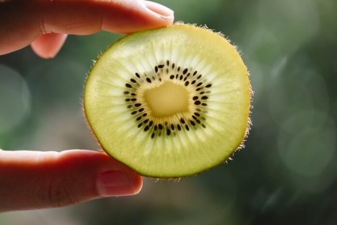 uma mão segurando uma fatia de kiwi em primeiro plano.