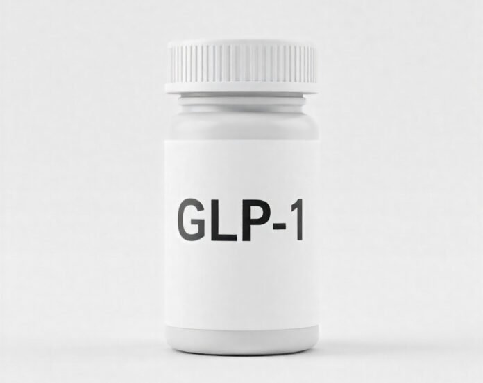 frasco de remédio com o rotulo GLP-1.