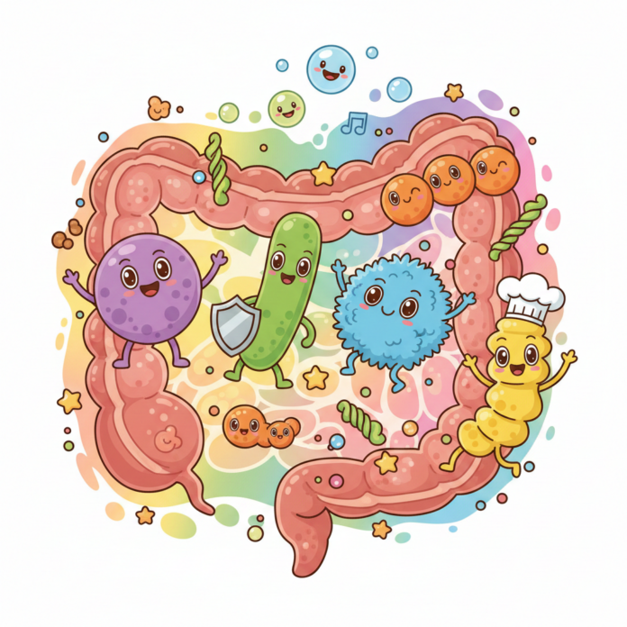 figuras coloridas e divertidas das bactérias do sistema digestivo.