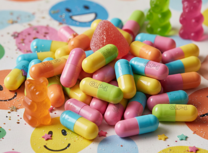 Arte divertida de pílulas GLP-1.