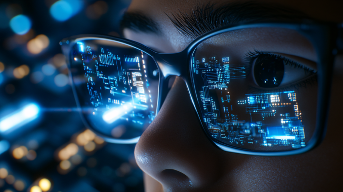 luzes noturnas refletidas nas lentes de um óculos