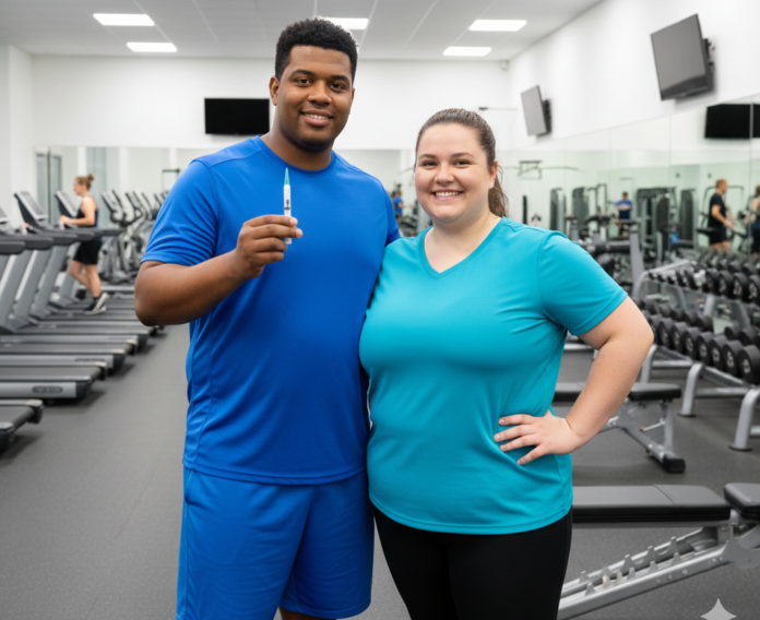 casal segurando uma caneta GLP-1 numa academia.