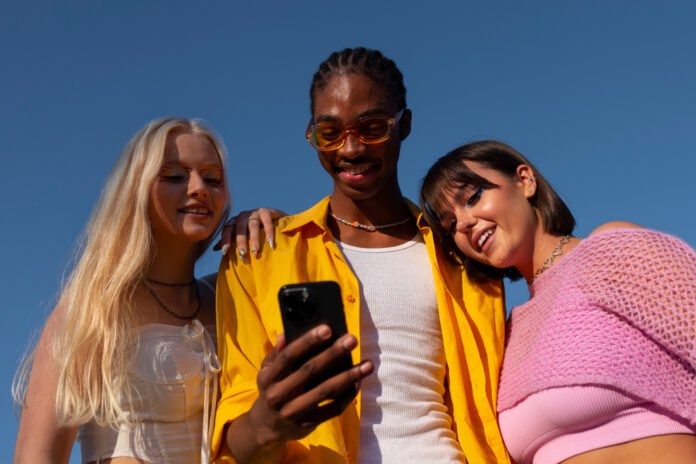 grupo de mulheres visualizando imagens num celular.