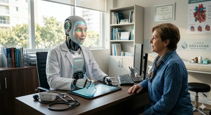 uma mulher se consultando com um agente de IA.