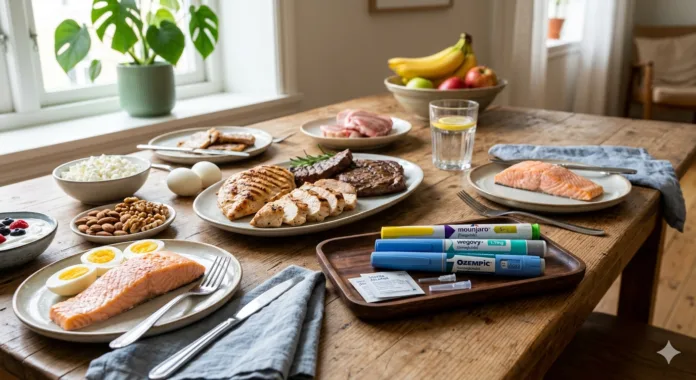 mesa contendo pratos com vários tipos de proteínas e canetas GLP-1.