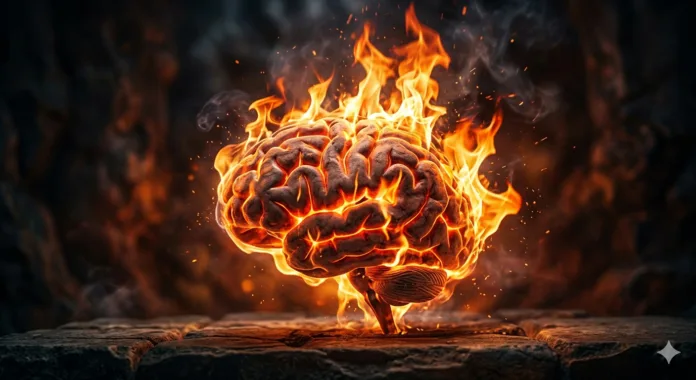 imagem de um cérebro em chamas.