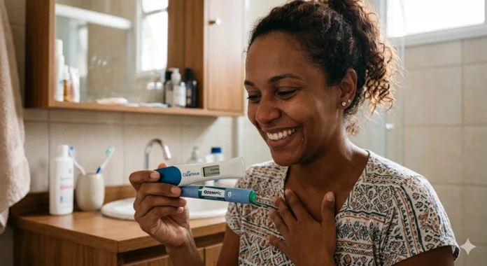 mulher feliz segurando um teste para gravidez e uma caneta de ozempic.