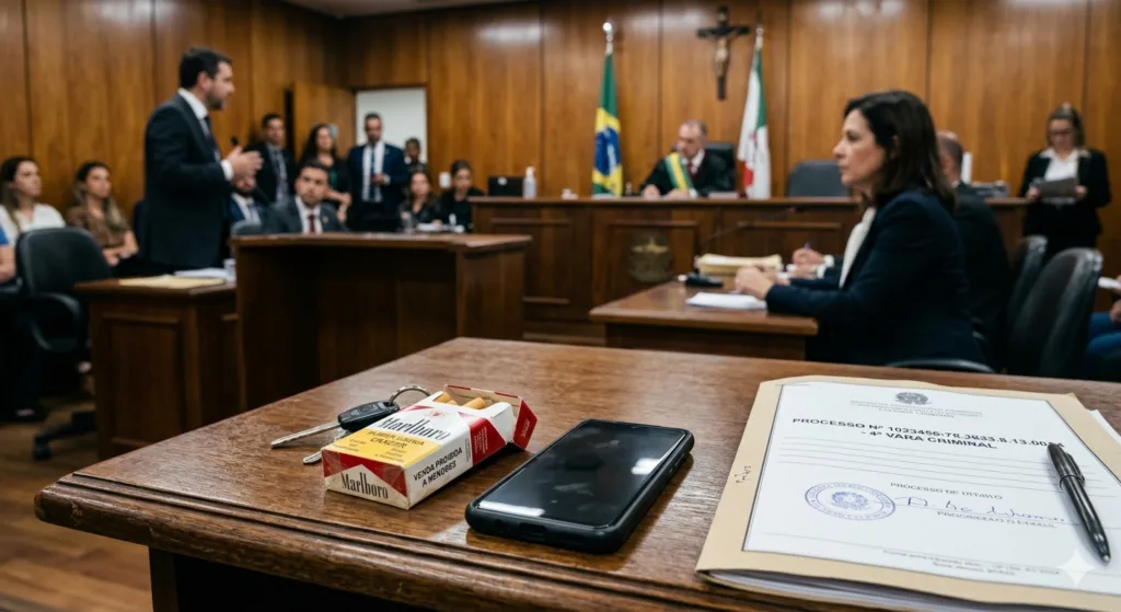 imagem de um maço de cigarros e um celular numa mesa de um tribunal.