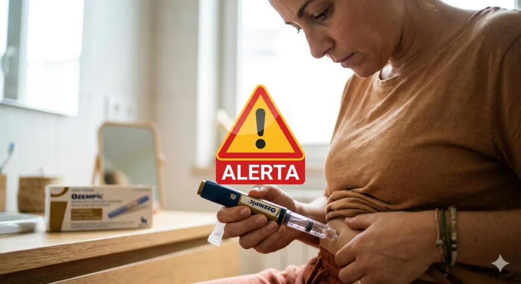 Uma jovem fazendo uso de uma caneta GLP-1 com um sinal de alerta em primeiro plano.