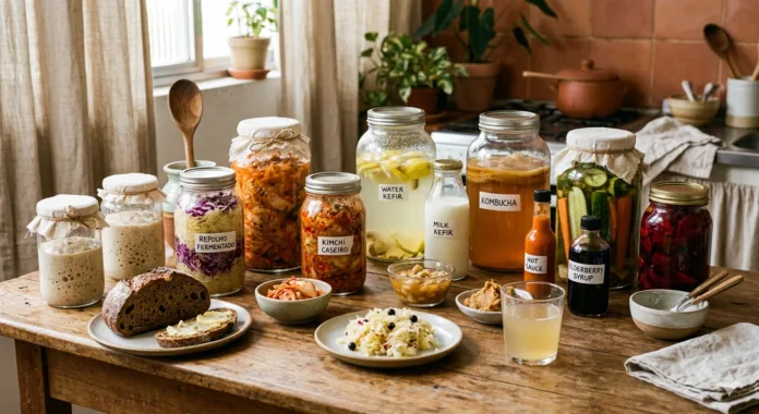 mesa contendo vários alimentos fermentados