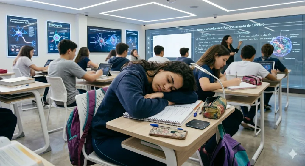 uma jovem adolescente dormindo numa sala de aula.