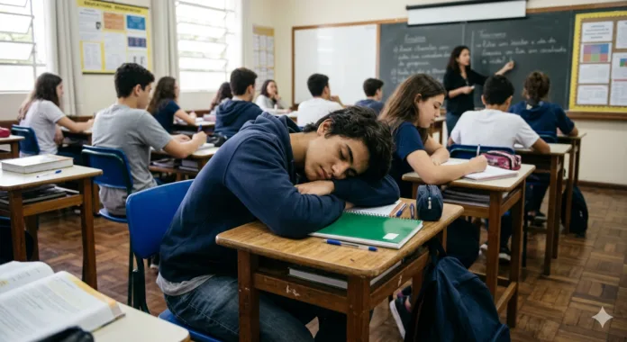 Um jovem dormindo numa sala de aula.