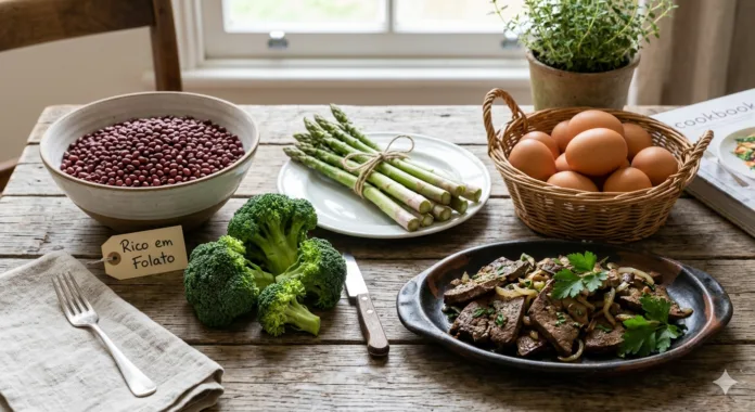 mesa com Alimentos ricos em folato natural dispostos sobre uma mesa: feijão adzuki, brócolis, aspargos, ovos e fígado