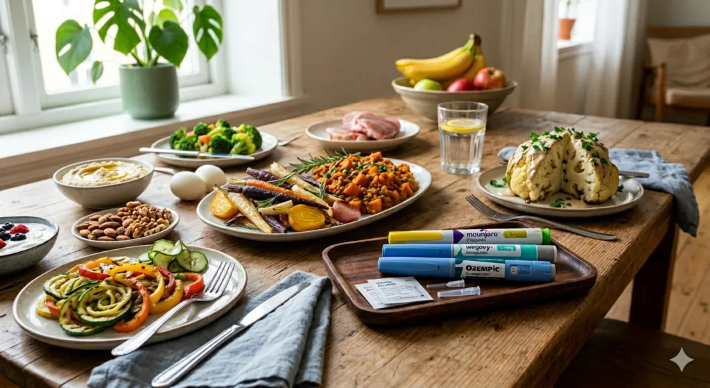 mesa contendo vários pratos de  vegetais e legumes e canetas GLP-1.