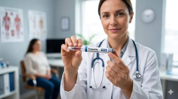 Uma medica com uma caneta de tirzepatida em primeiro plano, em um consultório médico.