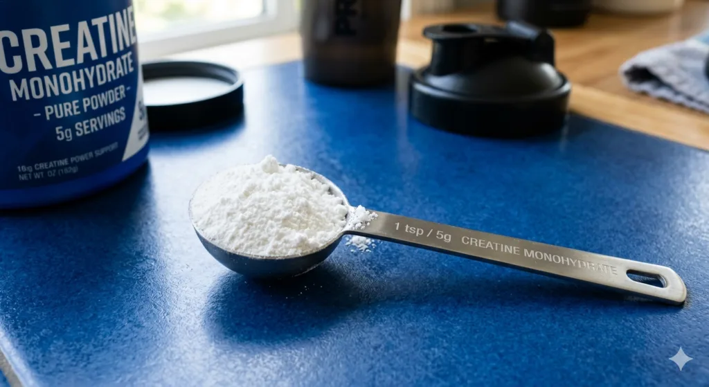 colher medidora de creatina sob uma mesa azul.