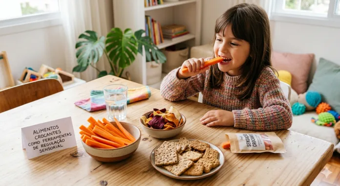 imagem de uma menina comendo alimentos crocantes como cenoura, biscoitos e outros.