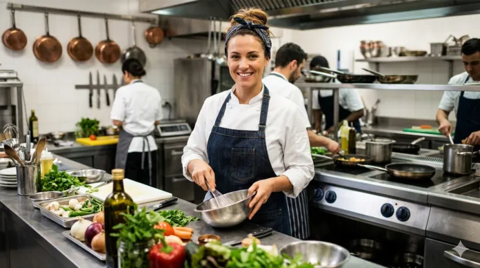 imagem de uma chef em sua cozinha.