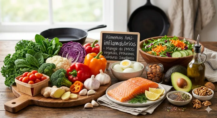 mesa com alimentos anti-inflamatórios.
