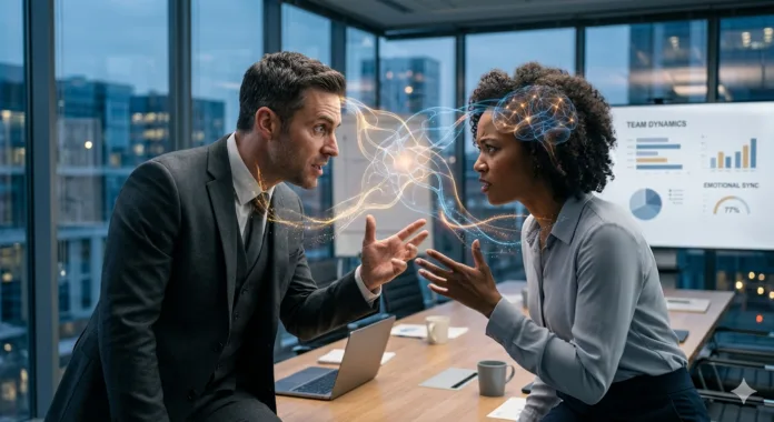 Dois profissionais em conversa intensa representando contágio emocional e neurônios-espelho no ambiente corporativo