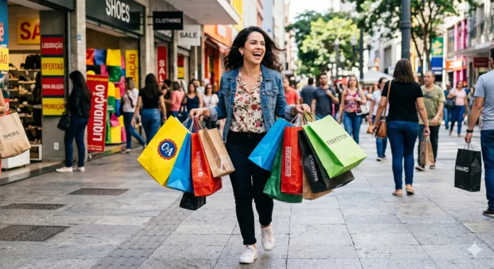 mulher feliz com sacolas coloridas de compras