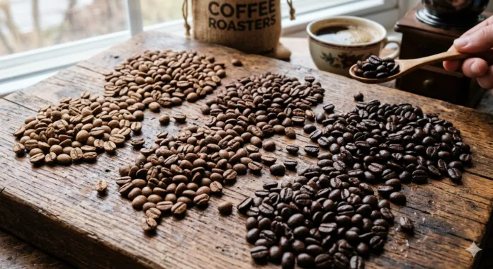 graos de cafe de vários tipos de torras em uma mesa de madeira.