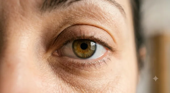 close-up de um olho mostrando sinais de ptose na pálpebra superior