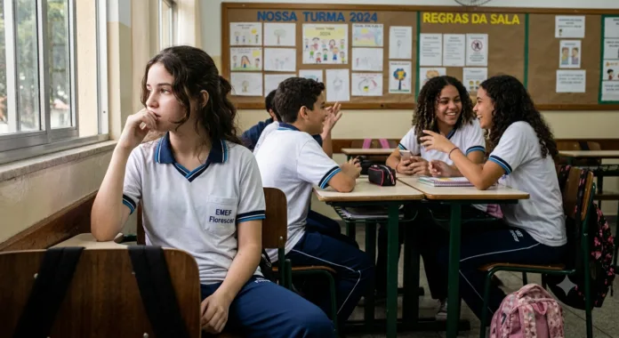 Menina na escola olhando para o lado enquanto colegas interagem — autismo feminino invisível