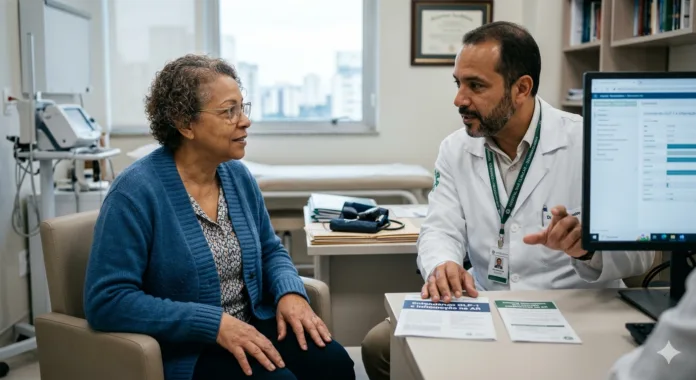 imagem de uma paciente com um medico no consultório.